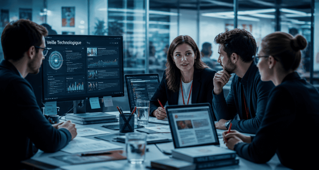 Professionnels en veille technologique dans un open-space - blog technologie