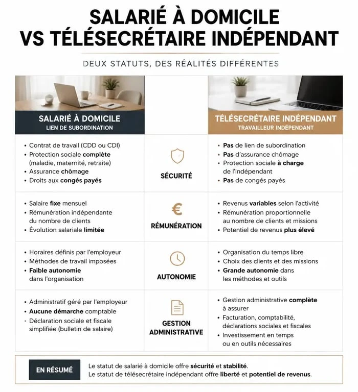 Comparatif des statuts pour télésecrétaire à domicile : salarié vs indépendant
